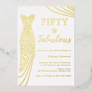 Invitación Con Relieve Metalizado ¡Cincuenta y fabuloso! Vestido de lámina de oro Cu