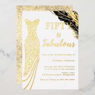 Invitación Con Relieve Metalizado Cincuenta y fabuloso vestido dorado fiesta de cump