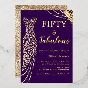 Invitación Con Relieve Metalizado Cincuenta y fabuloso vestido púrpura y dorado cump