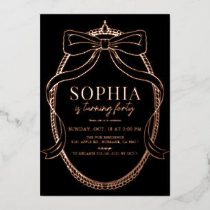 Invitación Con Relieve Metalizado Cinta de lazo dorada coqueta Cumpleaños adulto neg