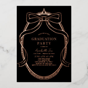 Invitación Con Relieve Metalizado Cinta de lazo dorado Coquette Negra Fiesta de Grad
