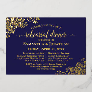 Invitación Con Relieve Metalizado Cinta de oro sobre cena de ensayo de boda azul mar