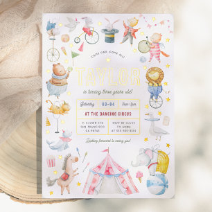 Invitación Con Relieve Metalizado Circo de Animales Brillantes Carnaval Fiesta de Cu