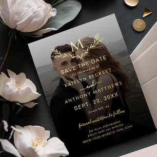 Invitación Con Relieve Metalizado Círculo de monograma para foto de boda Save The Da