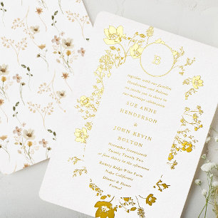 Invitación Con Relieve Metalizado Círculo de oro Monograma Oval Flor silvestre seca