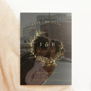 Invitación Con Relieve Metalizado Círculo Floral Dorado con Monograma Foto para Anun