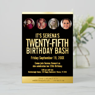 Invitación Con Relieve Metalizado Círculos de fotos de cumpleaños 25 en negro y dora