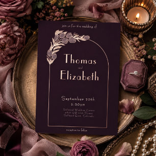 Invitación Con Relieve Metalizado Ciruela Noir Art Nouveau Tulipán Boda Hoja de Oro