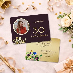 Invitación Con Relieve Metalizado Ciruela Noir Foto Personalizada Cumpleaños 30 Aniv
