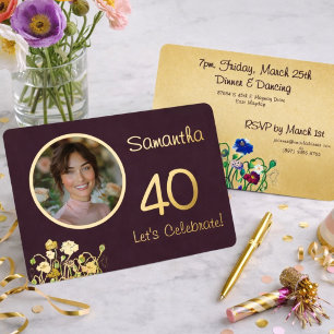Invitación Con Relieve Metalizado Ciruela Noir Foto Personalizada Cumpleaños 40 Dora