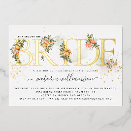 Invitación Con Relieve Metalizado Citrus de mandarina y ducha de novia con flores de