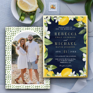 Invitación Con Relieve Metalizado Citrus Lemon Orchard Photo Navy Blue Boda Gold