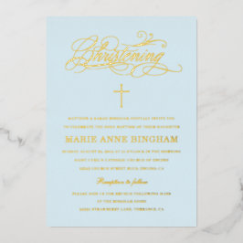 Invitación Con Relieve Metalizado Clara caligrafía elegante azul Christening Gold