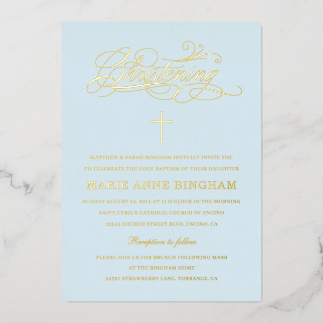 Invitación Con Relieve Metalizado Clara caligrafía elegante azul Christening Gold (Anverso)