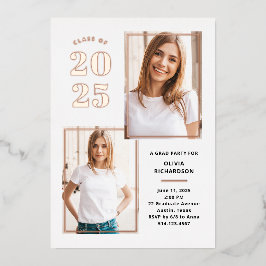 Invitación Con Relieve Metalizado Clase de 2023 Foto Fiesta de grado de oro blanco y