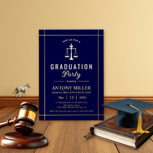 Invitación Con Relieve Metalizado Clase de graduación de la escuela de derecho azul