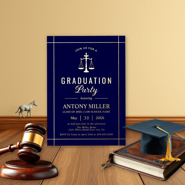 Invitación Con Relieve Metalizado Clase de graduación de la escuela de derecho azul  (Subido por el creador)