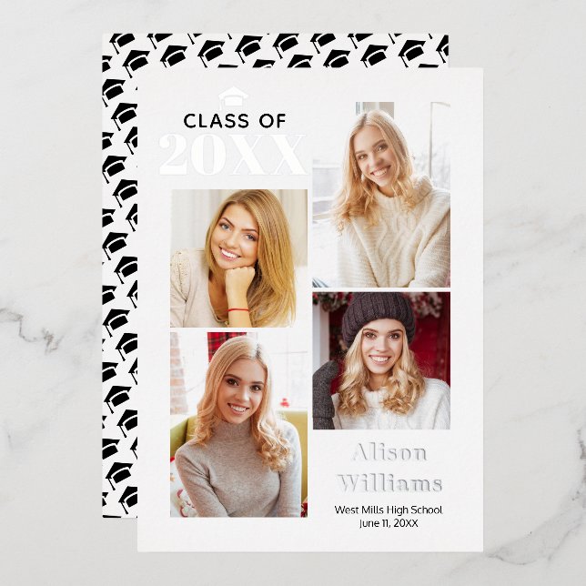 Invitación Con Relieve Metalizado Clase de graduación de Relieve metalizado plateado (Anverso/Reverso)