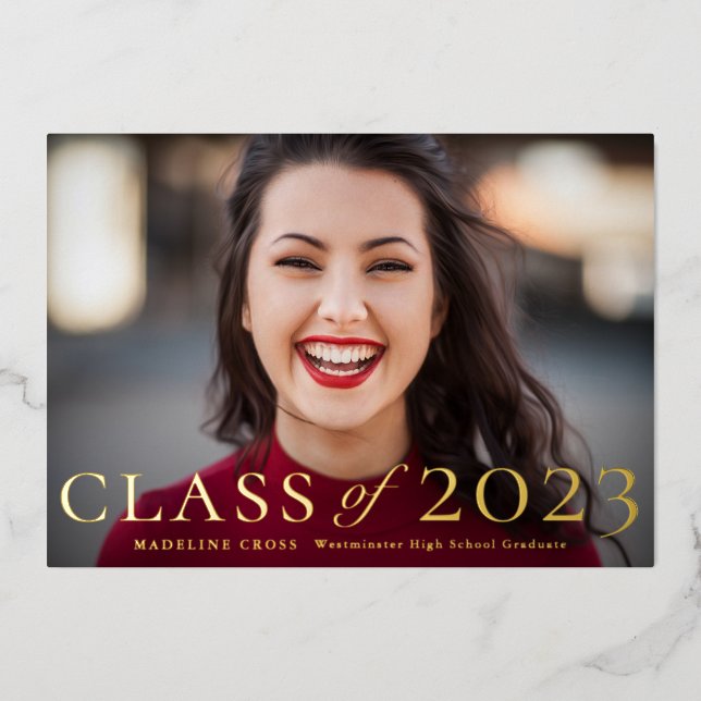 Invitación Con Relieve Metalizado Clase de Oro de Graduación Fotográfica 2023 (Anverso)