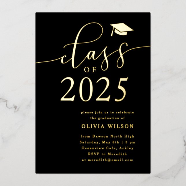 Invitación Con Relieve Metalizado Clase de oro negro de Fiesta Grad 2025 (Anverso)