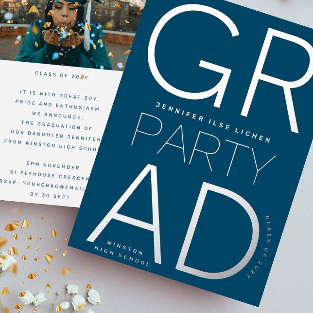 Invitación Con Relieve Metalizado Clase FIESTA NAVY AZUL GRAD de 2023 Silver (Subido por el creador)