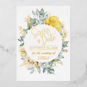 Invitación Con Relieve Metalizado Clase floral amarilla botánica elegante fecha de g