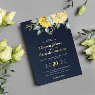 Invitación Con Relieve Metalizado Clase floral amarilla de vegetación azul marino bo