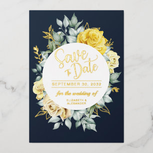 Invitación Con Relieve Metalizado Clase floral amarilla guardar fecha de boda azul m