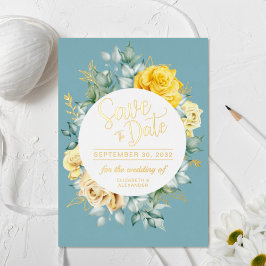 Invitación Con Relieve Metalizado Clase floral amarilla guardar fecha de boda azul p