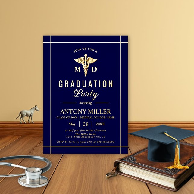 Invitación Con Relieve Metalizado Clase Oro caduceus de la graduación azul marino 20 (Subido por el creador)