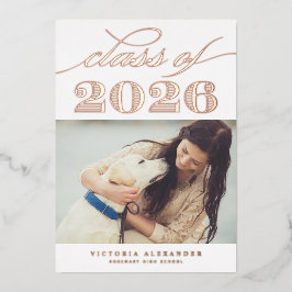 Invitación Con Relieve Metalizado Clase Vintage de 2025 Foto Graduación Rosa Oro