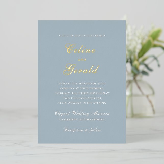 Invitación Con Relieve Metalizado Clásica Boda Elegante Azul Muerto (Anverso de pie)