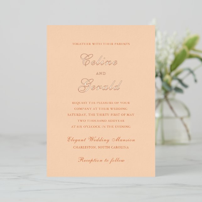 Invitación Con Relieve Metalizado Clásica Boda Elegante de Peach (Anverso de pie)