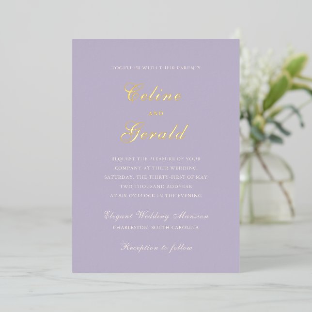 Invitación Con Relieve Metalizado Clásica Boda Elegante Lilac (Anverso de pie)