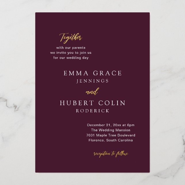 Invitación Con Relieve Metalizado Clásica Boda Purple Elegante (Anverso)