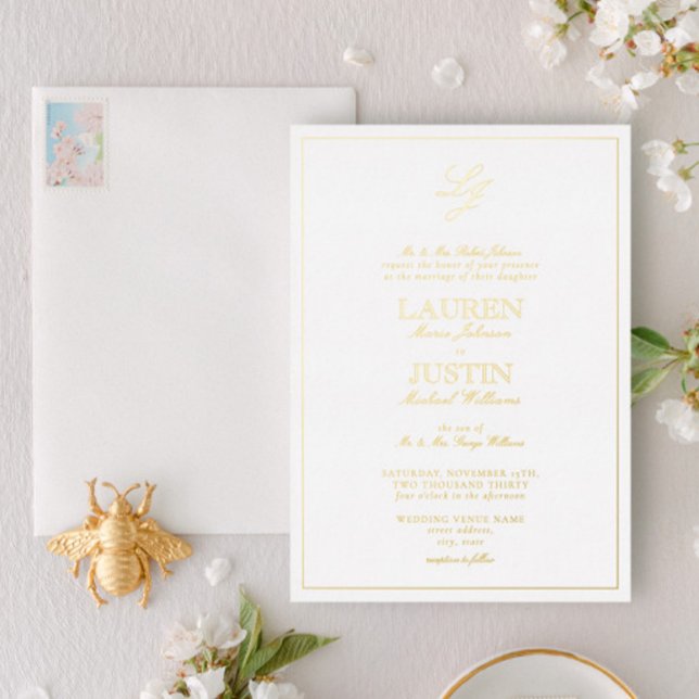 Invitación Con Relieve Metalizado Clásica caligrafía de guión monograma Boda oro (Subido por el creador)