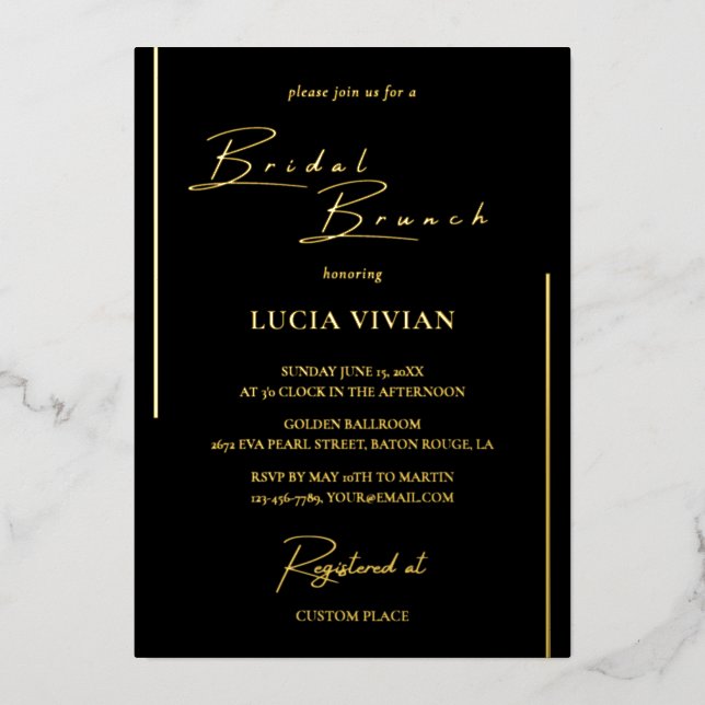 Invitación Con Relieve Metalizado Clásica Caligrafía Negra y Oro Brunch Bridal (Anverso)