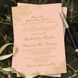 Invitación Con Relieve Metalizado Clásica Elegancia Coral Peach Formal Boda Oro