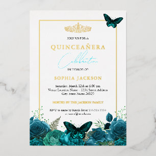 Invitación Con Relieve Metalizado Clásica Elegante Foto de Mariposa Azul Quinceañera