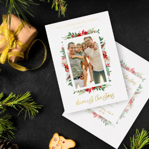 Invitación Con Relieve Metalizado Clásica Foto La Navidad Más Alegre Poinsettias