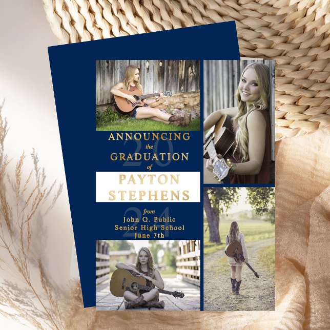 Invitación Con Relieve Metalizado Clásica foto moderna azul | Oro de graduación blan (Elegant Classy Modern Photo Blue White Graduation Gold Foil Announcement)