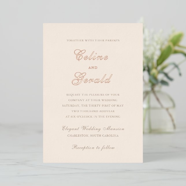 Invitación Con Relieve Metalizado Clásica Sandy Neutral Elegante Boda (Anverso de pie)