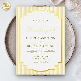 Invitación Con Relieve Metalizado Clásico Amarillo Rayado Foto Boda Dorado