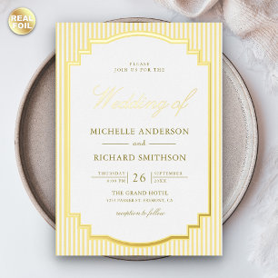 Invitación Con Relieve Metalizado Clásico Amarillo Rayado Foto Boda Dorado