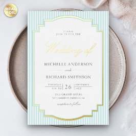 Invitación Con Relieve Metalizado Clásico Azul Pastel Rayado Foto Boda Dorado
