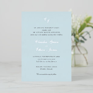 Invitación Con Relieve Metalizado Clásico Azul Polvo Monograma Boda Elegante