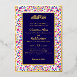 Invitación Con Relieve Metalizado Clásico Azul Real con Acentos de Oro Boda Musulman