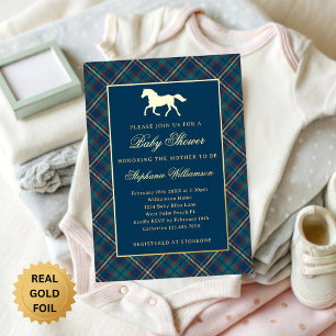 Invitación Con Relieve Metalizado Clásico Baby Shower Ecuestre de Cuadros Azul Prepp
