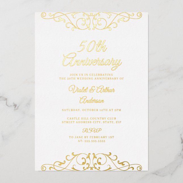 Invitación Con Relieve Metalizado Clásico Bañera de Oro 50 Aniversario Boda (Anverso)