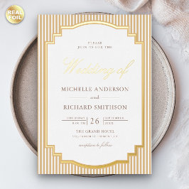 Invitación Con Relieve Metalizado Clásico beige bronceado rayado foto boda oro